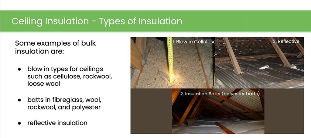 Blow in insulation is less expensive but can settle - typically Melbourne ceilings are insulated with batts. Reflective insulation is no longer installed in this sheet form