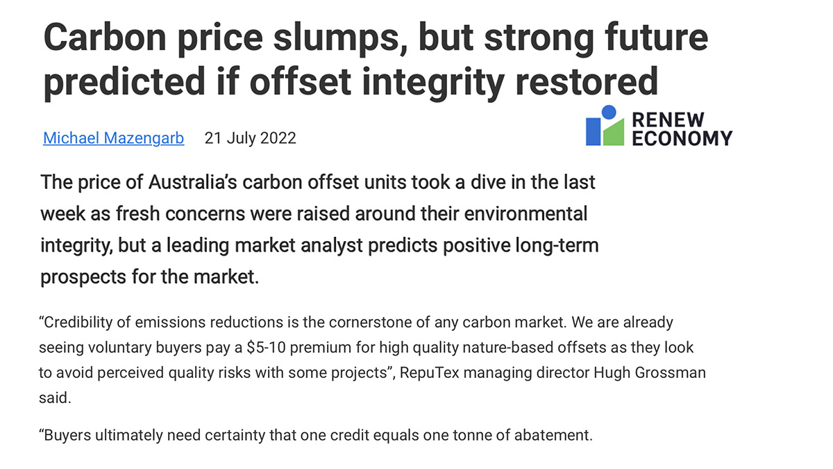 Carbon price slumps over integrity issues, but promises market review and improvements to the Safeguard Mechanism should see strong demand says Reputex