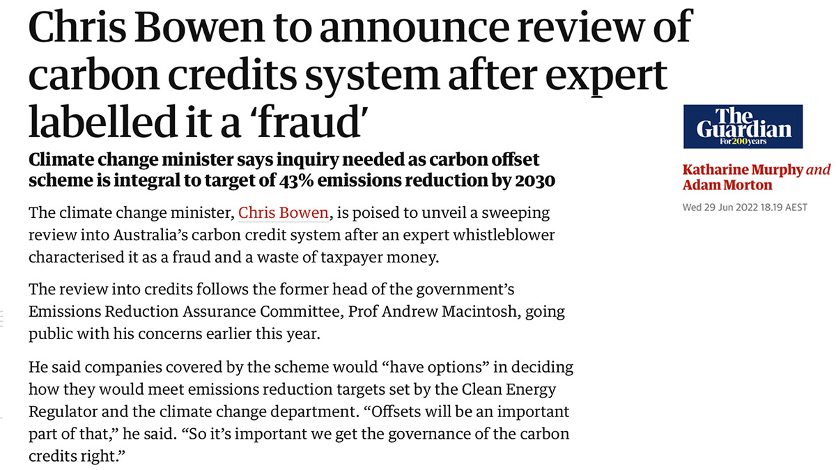 Chris Bowen announced an independent review headed by credible experts of the operation of carbon markets, saying he took Professor Macintosh's concerns very seriously