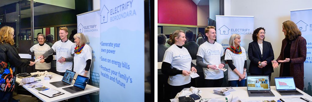 Electriify Boroondara volunteers explain the eletrificaton process and chat to the speakers