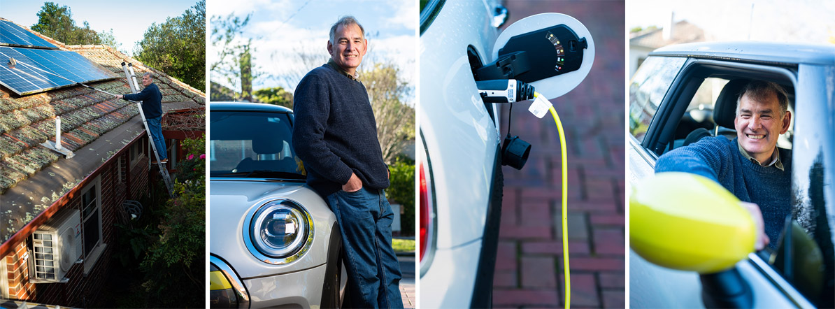 Russell Williams charges his electric vehicle with solar power