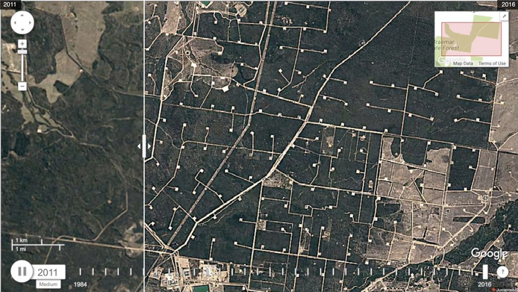 Visual comparison of Breamar State Forest landscape in Queensland before and after fracking well pads