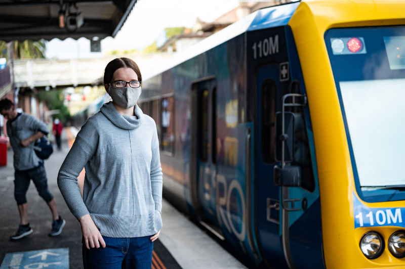 Sarah Brennan wearing a face mask on a train platform in Hawthorn East