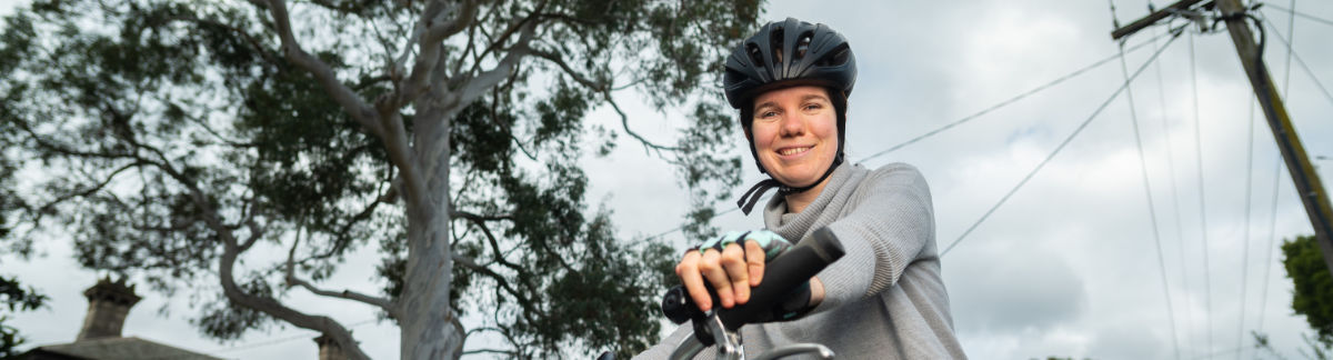 Sarah Brennan on her bicycle in Hawthorn East