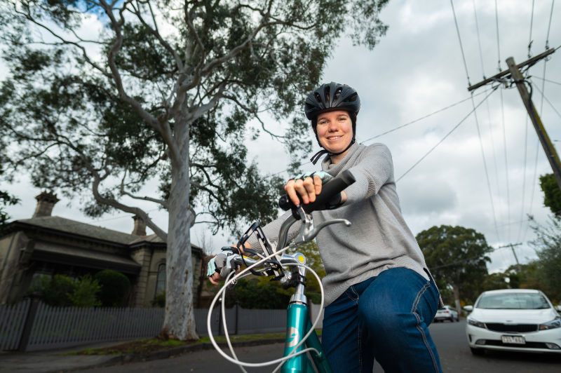 Sarah Brennan on her bicycle in Hawthorn East